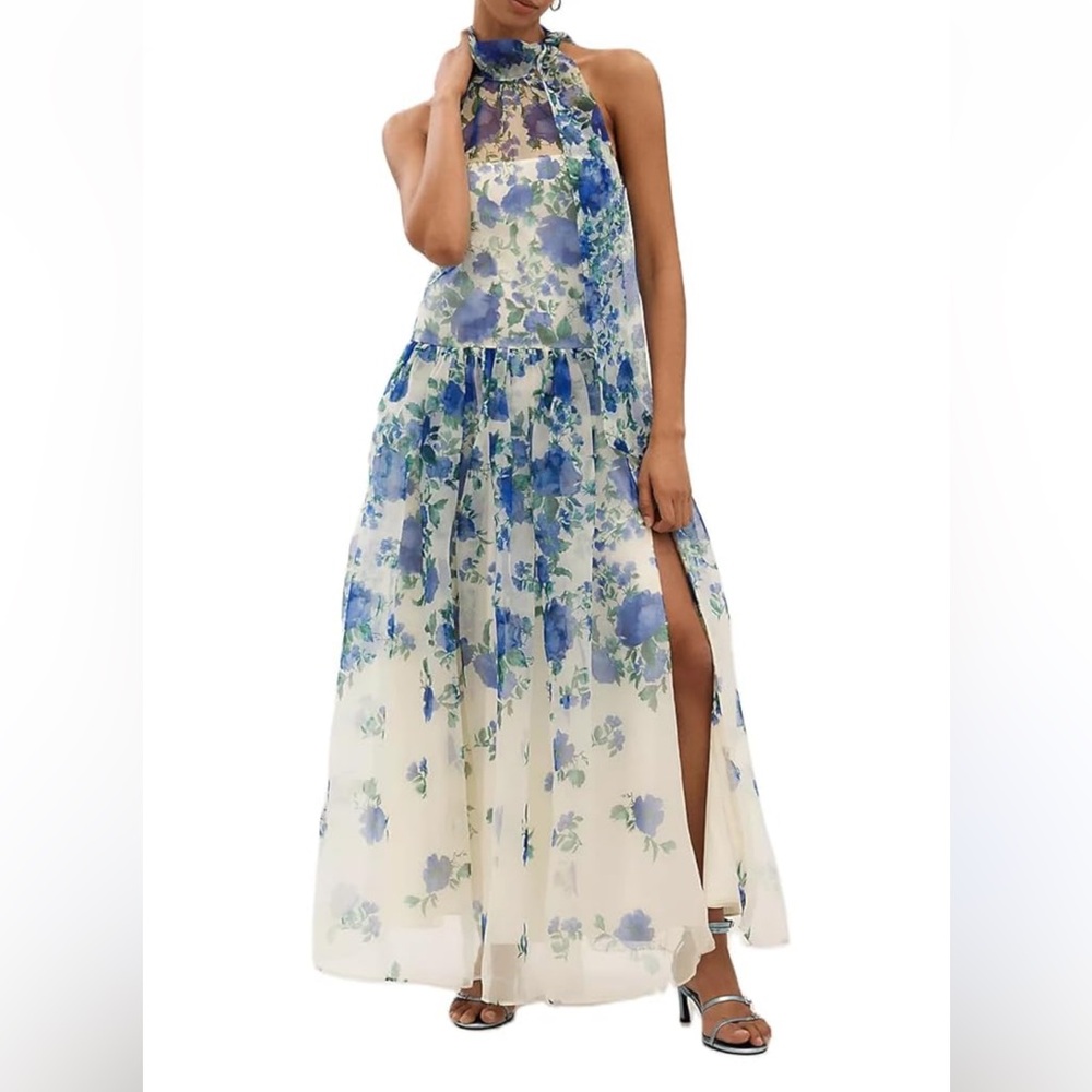 BHLDN Kendall High-Neck Scarf Floral Organza Maxi Dress